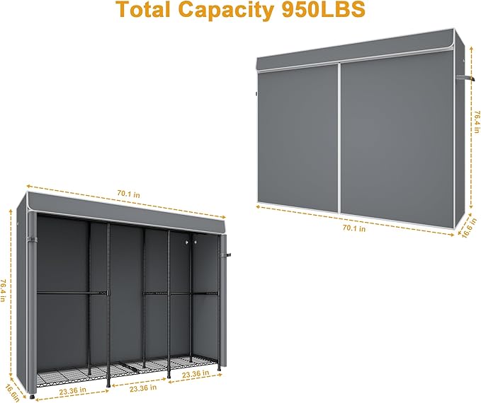 E14C Heavy Duty Closet Organizer System，Freestanding Clothing Racks for Hanging Clothes，Adjustable Garment Rack 70.1" W × 16.6" D × 76.4" H Hold 960 lbs，Black Rack with Grey Dustproof Cover