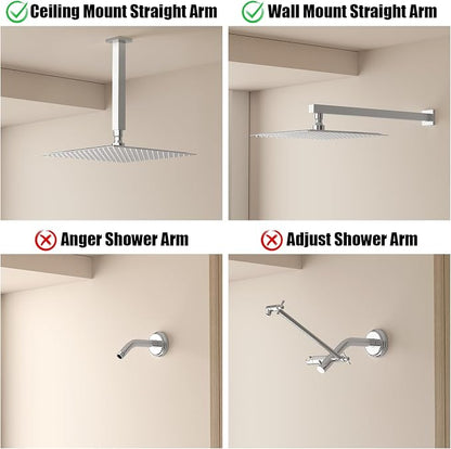 BESy 12 Inch Rain Shower Head, 12" Square Rainfall & High Pressure Stainless Steel Bath Shower Head, 1/16" Ultra Thin, Waterfall Full Body Coverage with Silicone Nozzle, Polished Chrome