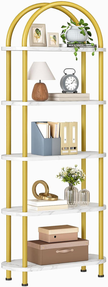 HOOBRO 5 Tier Open Bookshelf, Industrial Arched Bookcase Display Shelf Rack, Wooden Bookcase Storage Shelf Metal Frame, Tall Storage Organizer for Home, Easy Assembly, Gold DM176SJ01