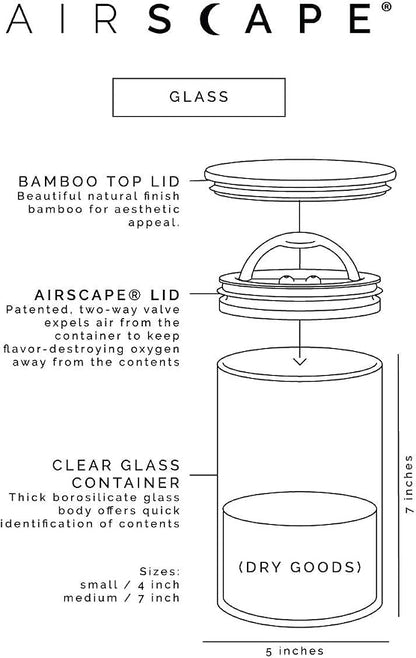 AirScape Glass Food Storage Canister - Glass Storage With US Patented Airless Inner Lid & Bamboo Top Lid - Preserves Food Freshness (Medium 7-Inch)