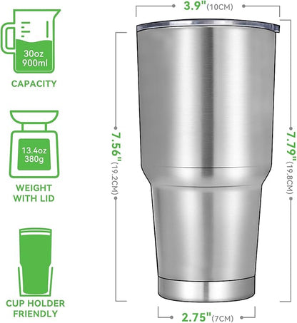 DOMICARE 30 oz Tumbler with Lid and Straw, Stainless Steel Tumblers Bulk, Insulated Vacuum Double Wall Travel Coffee Mug, Durable Powder Coated Tumbler Cups (Stainless Steel, 12)