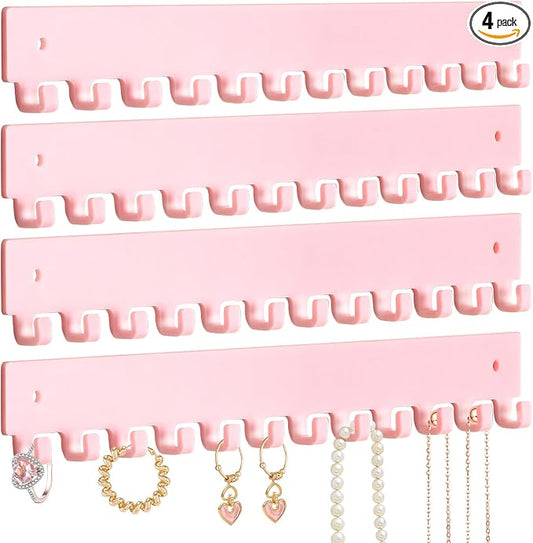 Acrylic Necklace Holder 4 Pack Wall Mounted Necklace Organizer Hanging Jewelry Organizer with 12 Hooks for Necklaces, Bracelets, Rings and Bangles Display Pink