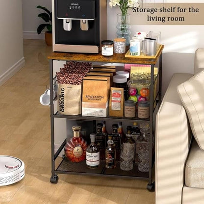 ThreeHio Rolling Kitchen Microwave Cart, 3 Tier Microwave Table Stand with Storage, Kitchen Utility Cart on Lockable Wheels, Small Coffee Cart Shelf Rack Organizer for Living Room Office, Balcony
