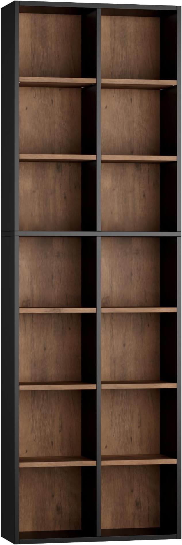 FOTOSOK 71'' Tall Bookshelf with 14 Cubes, 7 Tier Double Wide Wood Bookshelf with 6 Adjustable Shelves, 19.6" Narrow Bookcase DVD/CD Media Storage, Space Saving Display Shelf Cabinet, Black/Brown