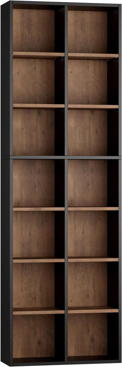 FOTOSOK 71'' Tall Bookshelf with 14 Cubes, 7 Tier Double Wide Wood Bookshelf with 6 Adjustable Shelves, 19.6" Narrow Bookcase DVD/CD Media Storage, Space Saving Display Shelf Cabinet, Black/Brown