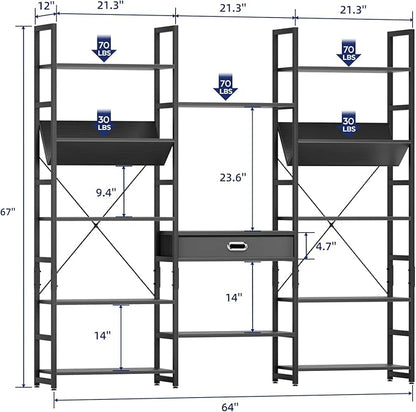 NUMENN Bookcases and Bookshelves Triple Wide 5 Tier Bookshelf, Large Etagere Bookshelf with Storage Drawer, Adjustable Open Display Shelves for Living Room, Bedroom, Home Office, Black