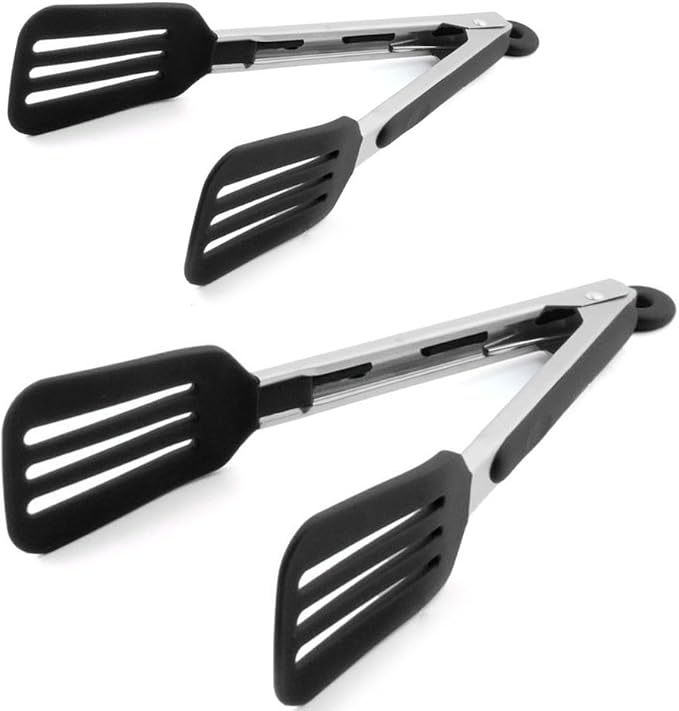 Cooking Tongs 9 inches and 12 inches Stainless Steel Kitchen Silicone Serving Tong Heat Resistant Meat Turner Spatula Tongs with Locking Handle Joint