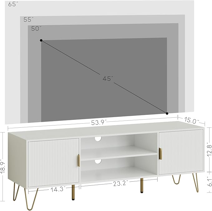 TV Stand for 55-65 Inch TV, Entertainment Center with Soft Hinge Door,TV Console Table with 2 Cabinets with Gold Handle and Feet,for Living Room, Bedroom, White