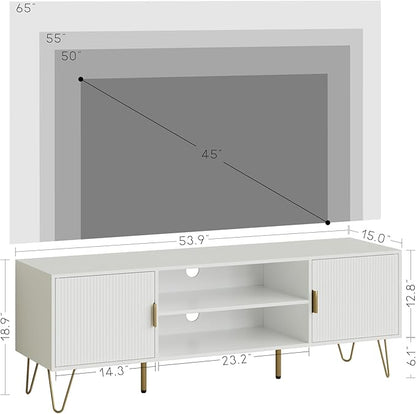 TV Stand for 55-65 Inch TV, Entertainment Center with Soft Hinge Door,TV Console Table with 2 Cabinets with Gold Handle and Feet,for Living Room, Bedroom, White