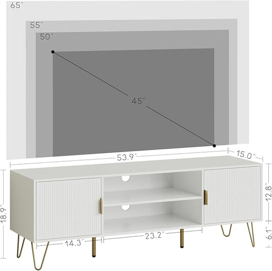 TV Stand for 55-65 Inch TV, Entertainment Center with Soft Hinge Door,TV Console Table with 2 Cabinets with Gold Handle and Feet,for Living Room, Bedroom, White