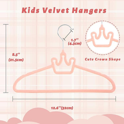 ManGotree Baby Velvet Hangers, Non-Slip Felt Kids Clothes Hanger, 12.6" Cute Crown Hanger for Closet, Space Saving Toddler Hangers for Children's Clothes (20 Pack, Pink)