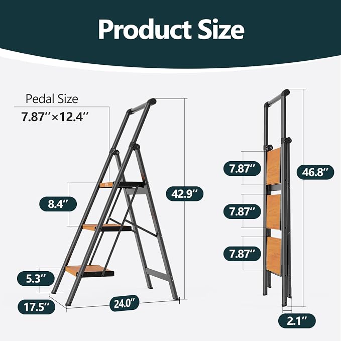 WOA WOA 3 Step Ladder, Ladders for Home, Anti-Slip Pedals, Aluminum Step Stool Foldable, Lightweight to Move, Ease of Storage, Reach 8ft for Closet Kitchen Library, Hold 300lbs - Black&Wood Grain
