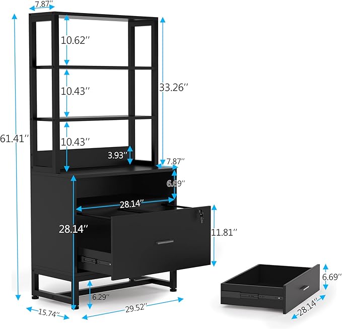 Tribesigns 2 Drawer Vertical File Cabinet with Lock & Bookshelf (Set of 2), Letter Size Large Modern Filing Cabinet Printer Stand with Open Storage Shelves for Home Office, Black