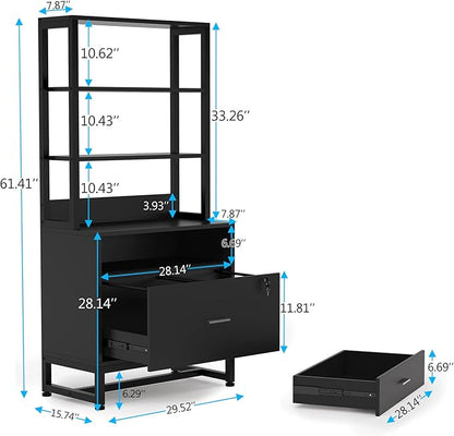 Tribesigns 2 Drawer Vertical File Cabinet with Lock & Bookshelf (Set of 2), Letter Size Large Modern Filing Cabinet Printer Stand with Open Storage Shelves for Home Office, Black