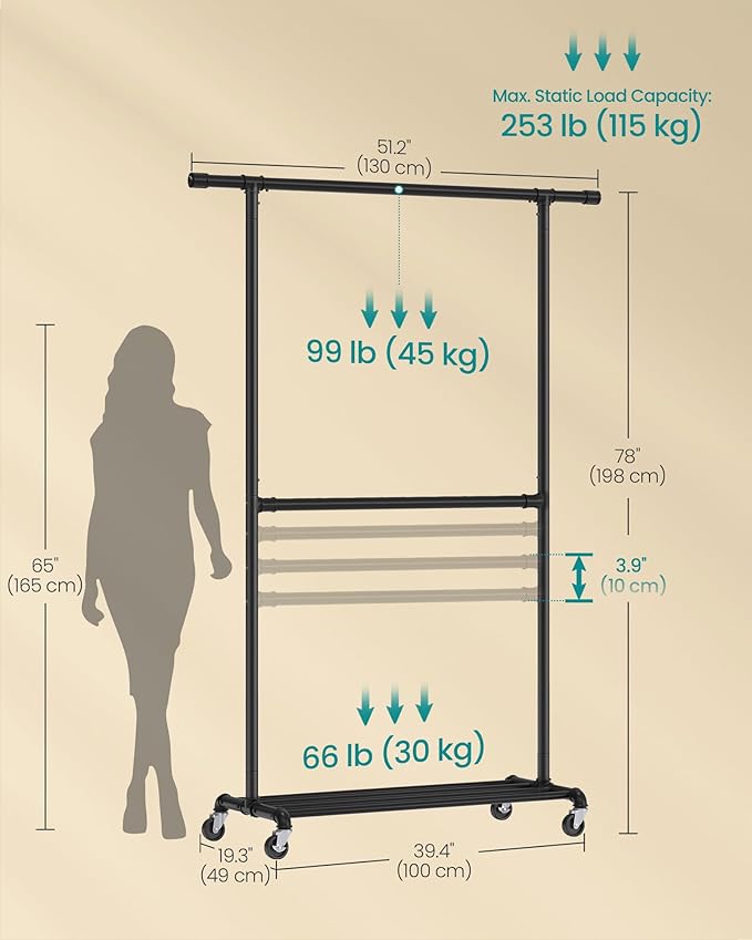 SONGMICS Heavy-Duty Clothes Rack, Double-Rod Clothing Rack for Hanging Clothes, Industrial Garment Rack on Wheels, Adjustable Metal Frame, 2 Casters with Brakes, Commercial Display, Black UHSR62BK