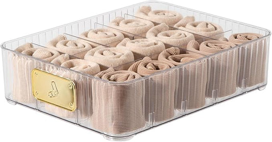 Sock Organizer for Drawer, 15 Compartments Detachable Plastic Underwear Drawer Organizer with Lid for Closet, Compartment Storage Ideal for Socks, Bras, Ties, and Scarves (Sock)