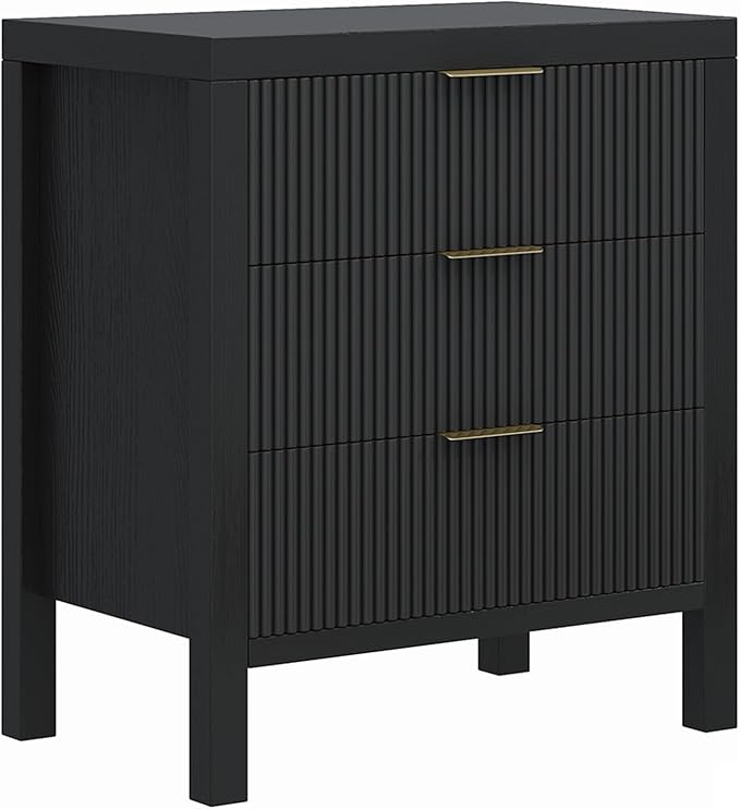3 Drawer Dresser, Chest of Drawers Organizer with Waveform Panel, Large Fluted Dresser with Wide Drawers and Golden Handles, Wood Storage for Bedroom, Hallway, Entryway, Black