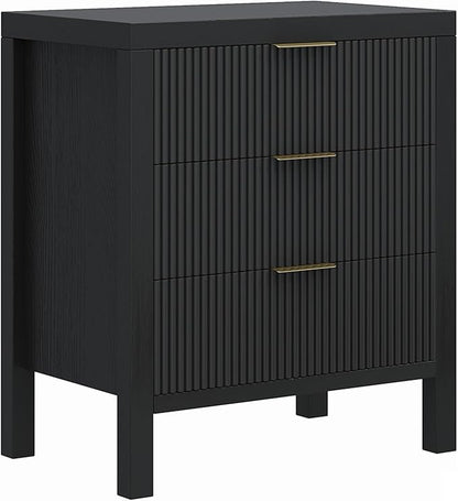 3 Drawer Dresser, Chest of Drawers Organizer with Waveform Panel, Large Fluted Dresser with Wide Drawers and Golden Handles, Wood Storage for Bedroom, Hallway, Entryway, Black