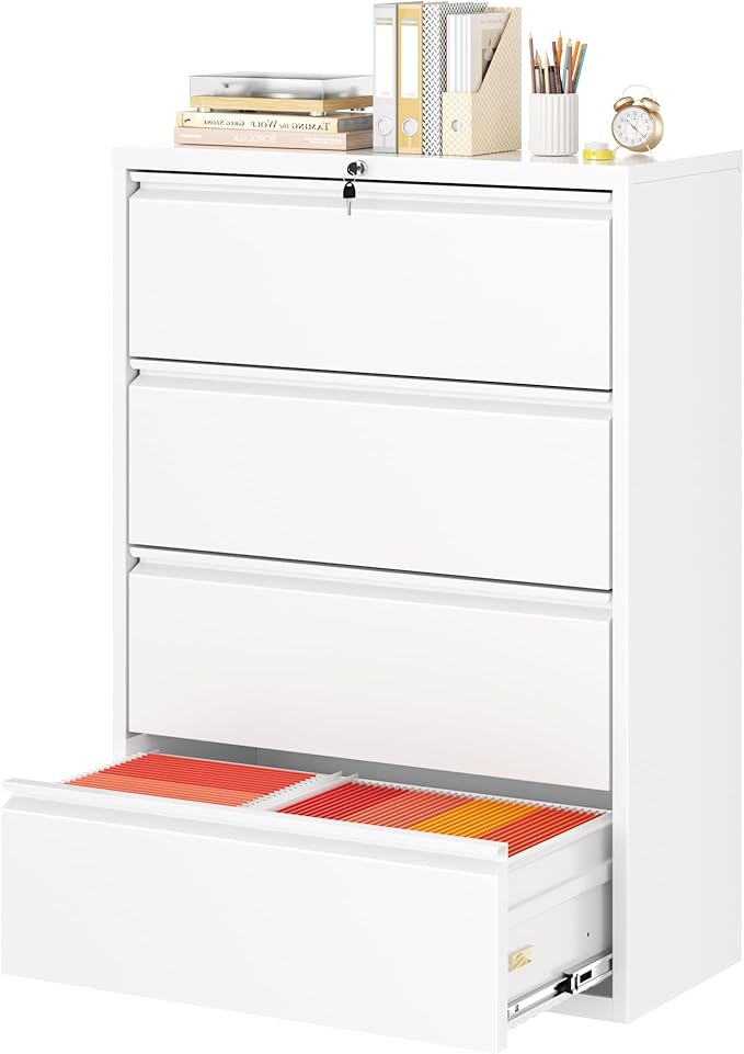 Superday Lateral File Cabinet 4 Drawer Metal File Cabinet with Lock, White Filing Cabinets for Home Office, Locking Filing Cabinets Hanging Files Letter/Legal/F4/A4