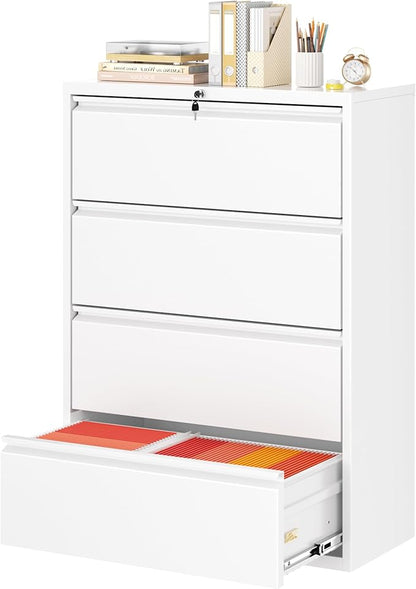 Superday Lateral File Cabinet 4 Drawer Metal File Cabinet with Lock, White Filing Cabinets for Home Office, Locking Filing Cabinets Hanging Files Letter/Legal/F4/A4