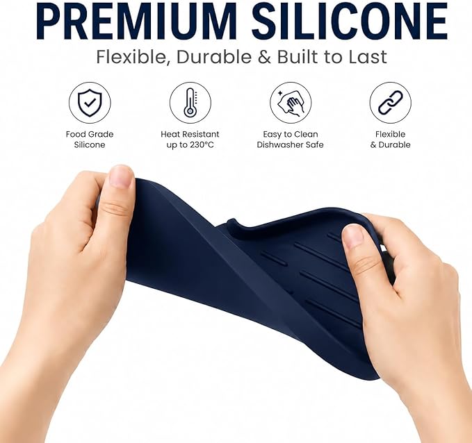 MicoYang Silicone Soap Dish with Drain Spout — Self-Draining Sink Organizer Tray for Bathroom & Kitchen, Sponges, Dispensers & Soap Holder, Non-Slip & Dishwasher Safe, Navy Blue (Medium, 9.6"×5.3")