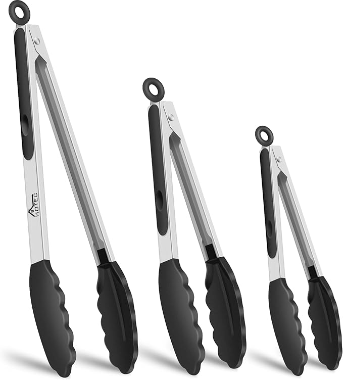 HOTEC Premium Stainless Steel Locking Kitchen Tongs with Silicon Tips, Heat Resistant Cooking Tongs Set of 3-7", 9" and 12", Black