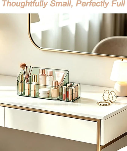 Makeup Tray Holder Organizer Cosmetic Display Case Tabletop Desktop Vanity Countertop Bathroom Wall Cabinet Medicine Storage Box 9 Dividers 2 Removable Women Ladies Girls Gifts Crystal Green 1 PACK