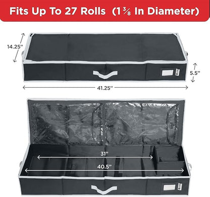HOLDN' STORAGE Premium Wrapping Paper Storage Container - Durable 600D Tear-Proof, Fits 27 Rolls Gift Wrap, Extra Pockets for Ribbons & Bows, Underbed Storage - Ideal for Holiday Christmas, Black/White Trim