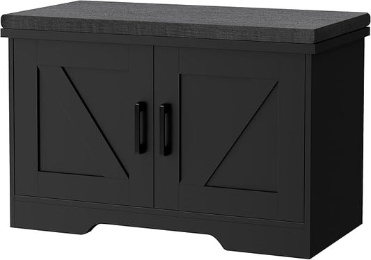 2-Tier Storage Bench, 27.6" Wide Shoe Bench with Padded Seat Cushion, Entryway Bench with 2 Barn Doors and Adjustable Shelf, Black
