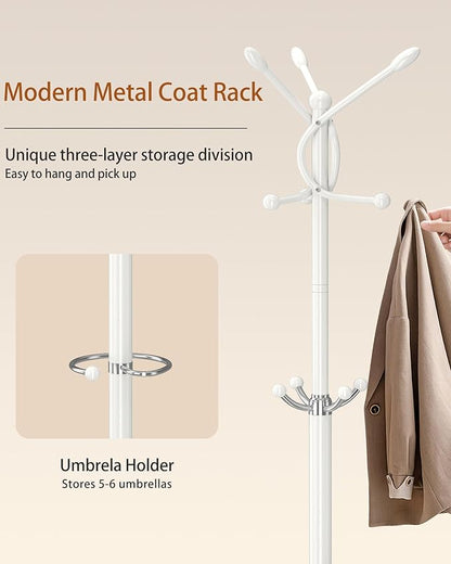Metal Coat Rack with Natural Marble Base,Coat Rack Stand with 10 Hooks & Umbrella Holder,Modern Freestanging Coat Racks,White Standing Coat Jacket Hanger Tree Stand for Corner Entryway