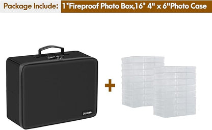 Photo Storage Box with Lock,DocSafe Fireproof Photo Organizer Box with 16 Inner 4" x 6" Photo Case(Clear),Collapsible Portable Photo Filing Safe Storage with Water-Resistant Zipper for Photos,Picture