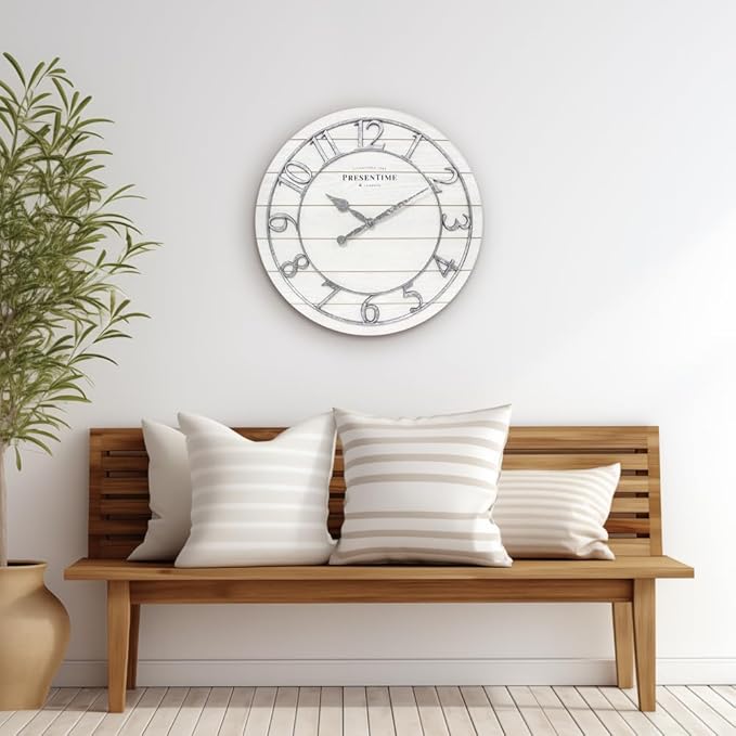 Presentime & Co Classic Farmhouse Shiplap Clock, 19.5 inch, Galvanized Finish Arabic Numerals with White Shiplap Style. Large Farmhouse Decor for Living Room, Entryway, Home Office. Wall Décor