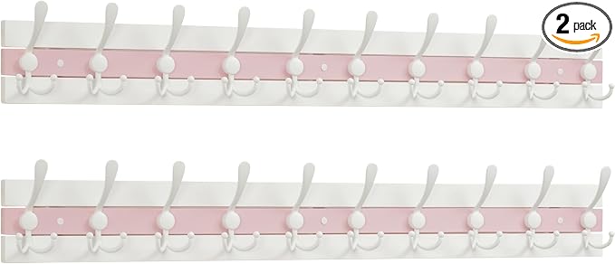 SKOLOO Coastal Coat Rack Wall Mount-38.12" Beach House Entryway Wooden Coat Hook with 10 Hooks for Hanging Coats, Hats or Towels, Oceanfront Cottage Core Collection, White & Palm Beach Pink, Pack of 2