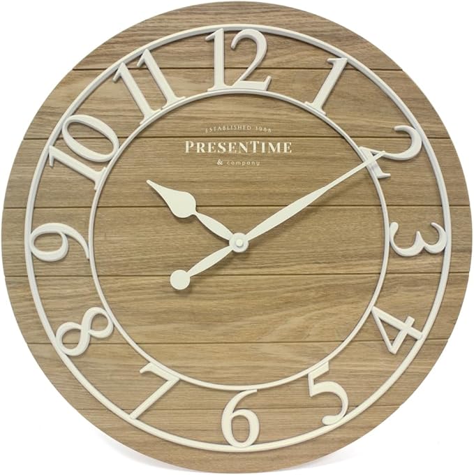Presentime & Co Classic Farmhouse Shiplap Clock, 19.5 inch, White Arabic Numerals with Ash Wood Shiplap Style. Large Farmhouse Decor for Living Room, Entryway, Home Office, Wall Décor