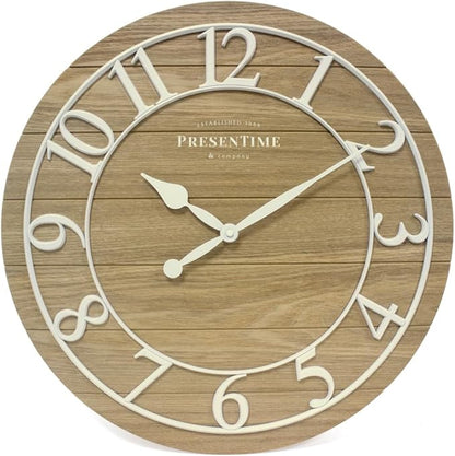 Presentime & Co Classic Farmhouse Shiplap Clock, 19.5 inch, White Arabic Numerals with Ash Wood Shiplap Style. Large Farmhouse Decor for Living Room, Entryway, Home Office, Wall Décor