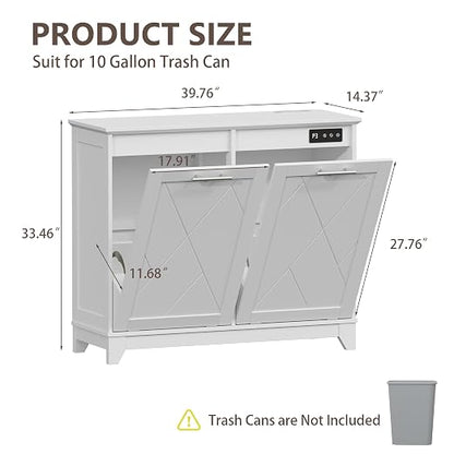 Double Tilt Out Trash Can Cabinet with Charging Station, Negative Ion Odor Control, Hidden Dual 10-Gallon Recycling Cabinet, Dog Proof Garbage Can for Kitchen, Laundry, Dining Room,White