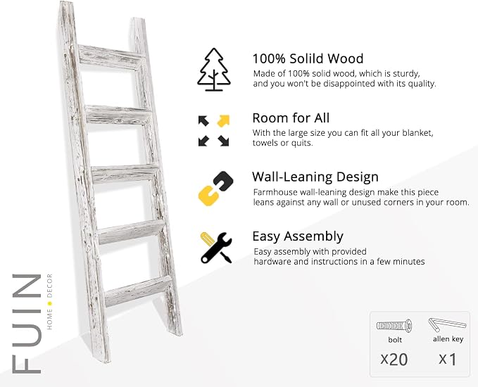 FUIN 5ft (58") Wood Blanket Ladder Living Room Decorative Wall Leaning Farmhouse Quilt Display Holder Wooden Towel Rack for Bathroom, Rustic White