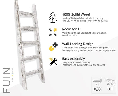 FUIN 5ft (58") Wood Blanket Ladder Living Room Decorative Wall Leaning Farmhouse Quilt Display Holder Wooden Towel Rack for Bathroom, Rustic White