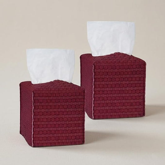 Tissue Box Cover 2-Pack, Square Tissue Holder with Bottom Belt, Modern Tissue Case Facial Paper Organizer Dispenser for Bathroom, Office, Home, Table, Car, Woven Pattern Red