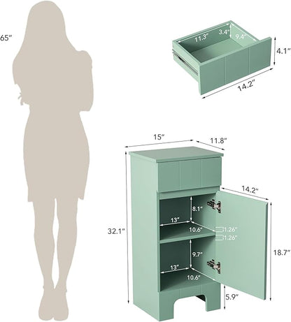 Small Bathroom Cabinet with Adjustable Shelves, Drawer, Anti-Tip Design, 14.96" L x 11.81" W x 32.09" H, Durable MDF for Bathroom, Kitchen, Laundry Storage, Soft-Close Door