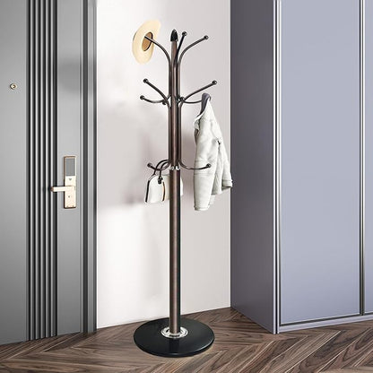 Kertnic Metal Coat Rack Stand with Natural Marble Base, Free Standing Hall Tree with 12 Hooks for Hanging Scarf, Bag, Jacket, Home Entry-way Hat Hanger Organizer (Bronze)