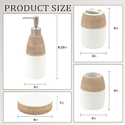 CERBIOR Bathroom Accessories Set,4 Pcs Ceramic Bathroom Decor Accessory,Includes Toothbrush Holder, Toothbrush Cup, Soap Dish for Decorative Countertop and Housewarming Gift, (Brown White)