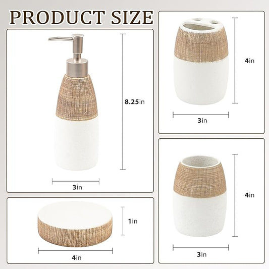 CERBIOR Bathroom Accessories Set,4 Pcs Ceramic Bathroom Decor Accessory,Includes Toothbrush Holder, Toothbrush Cup, Soap Dish for Decorative Countertop and Housewarming Gift, (Brown White)