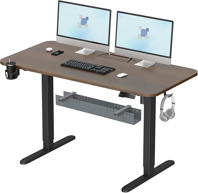 Electric Standing Desk with Cable Management Tray,55x24 Inch Adjustable Height Sit Stand Desk,with Memory Presets & Anti-Collision Computer Desk,for Office,Home,Walnut Top&Black Frame