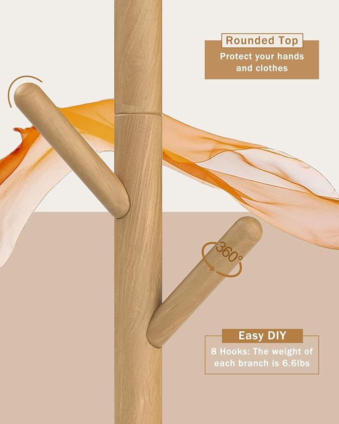 Yawinhe Coat Rack, Sturdy Wooden Coat Tree with 8 Hooks, 3 Adjustable Height for Bedroom, Hallway, Entrance, Office, 11.8 x 70.8 inches, Natural, 1-Pack, Square Base