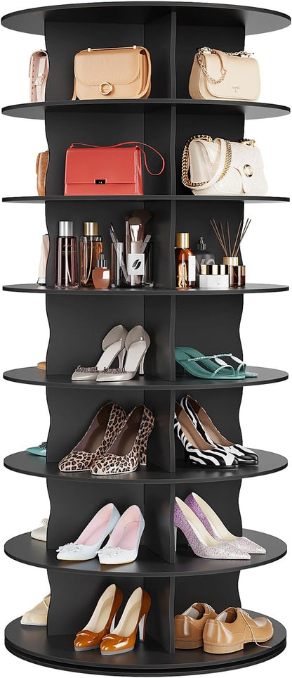7-Tier Rotating Standing Shelf Unit with Dividers, 360° Storage Display Tower Vertical Floor Organizer, for Bedroom, Closet, Entryway & Office, Ideal for Shoes, Cosmetics & Handbags, Black