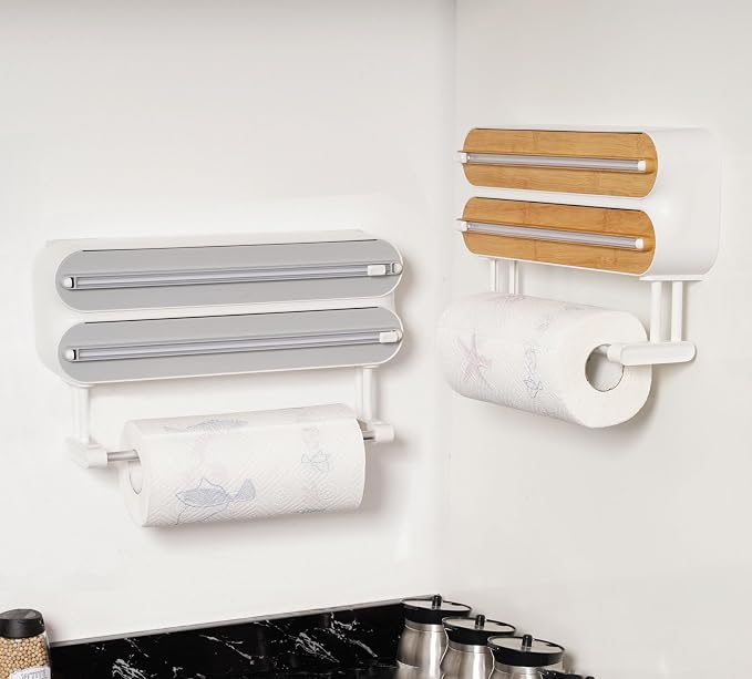 Magnetic Plastic Wrap Dispenser with Cutter,3 in 1 Aluminum Foil and Plastic wrap Organizer with Paper,Wall Mount Kitchen Wrap Dispenser - Fits 12" Roll, White (Wooden)