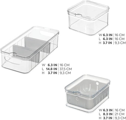 iDesign Crisp 3-Piece Recycled Plastic Refrigerator Organizer Bin Set with Lids, Clear/Gray