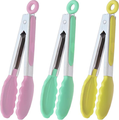 HINMAY Small Tongs with Silicone Tips 7-Inch Serving Tongs, Set of 3 (Pink Mint Yellow)
