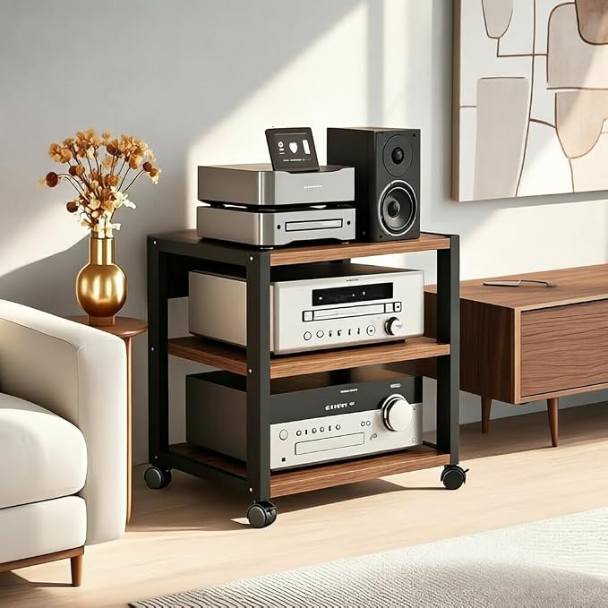3 Tier AV Media Stand, Audio Rack Tower Stereo Components Cabinet, Home Theatre CD Record Player Stereo Receiver Equipment Rack with Adjustable Wood Shelves, Load 220lbs (Walnut Brown)
